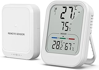 Brifit Digital Thermometer Hygrometer Innen Außen, Luftfeuchtigkeitsmesser mit Außensensor, MAX/MIN and ℃/° Schalter, Temperatur Feuchtigkeitssensor für Büro, Haus, Gewächshaus, Weinkeller(Weiß)