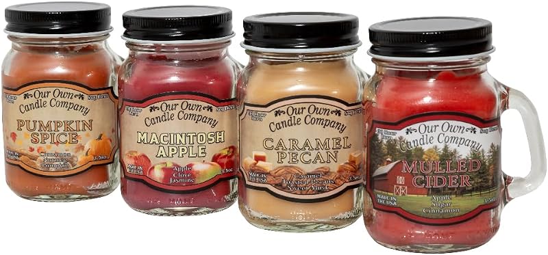 Our Own Candle Company Surtido de otoño, paquete de 4 mini velas en tarro Mason | nueces con caramelo, sidra caliente, especias de calabaza y manzana macintosh; 3,5 oz de mezcla de soja; quema de 30 horas; hecho en EE.UU.