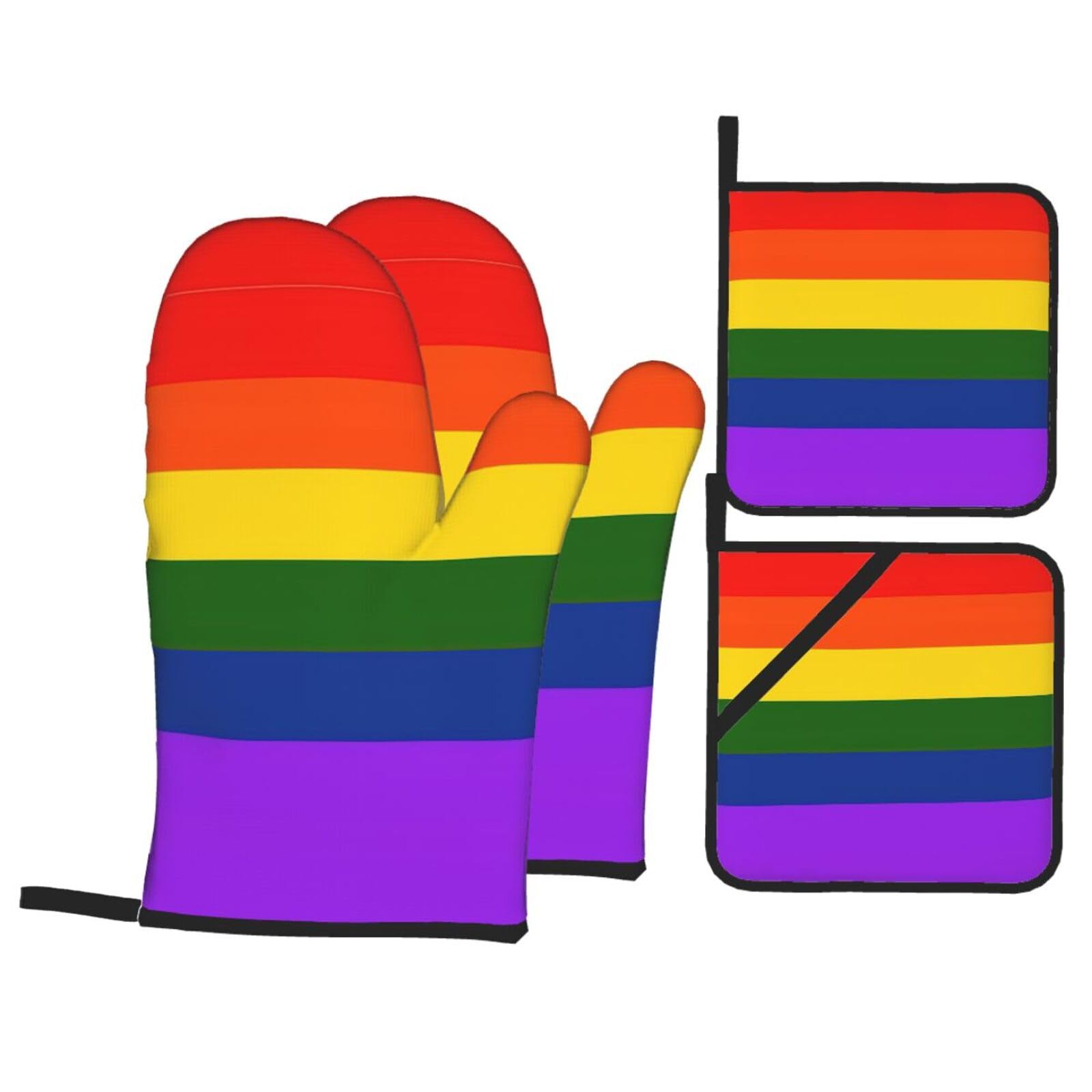 Nimongt Black Rainbow Flag Print Heat-Resistant 4-Piece Oven Kitchen Gloves For Baking Cooking Microwaving Essentials