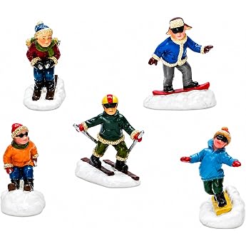Moments IN TIME Christmas Village Set mit 5 Ski- und Snowboard-Figuren handbemalt Polyresin Urlaubsskifahrer Snowboarder f r Miniatur-Winterszene