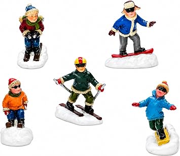 MOMENTS IN TIME Christmas Village Set of 5 Skiing Snowboarding Figures Hand Painted Polyresin Holiday Skiers Snowboarders for Miniature Winter Scene
