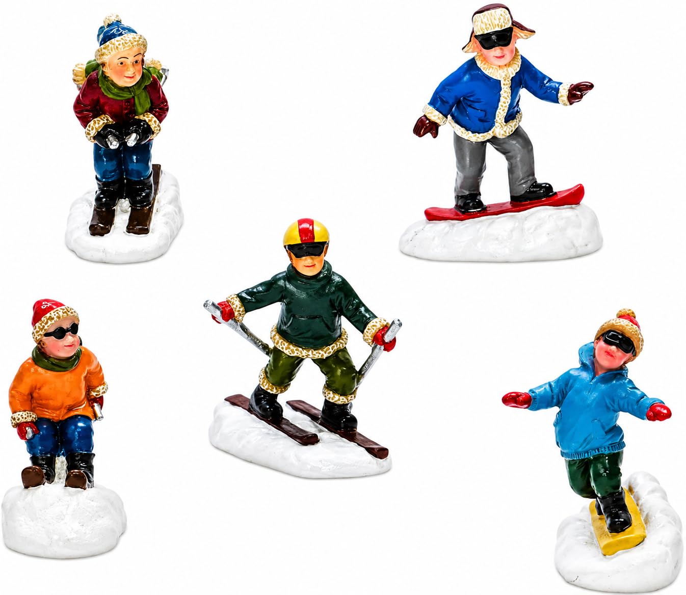 MOMENTS IN TIME Christmas Village Set of 5 Skiing Snowboarding Figures Hand Painted Polyresin Holiday Skiers Snowboarders for Miniature Winter Scene