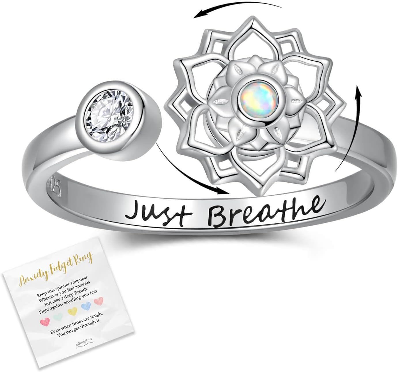 Fidget Spinner Anxiety Rings for Women: Sterling Silver Lotus Just Breathe Adjustable Stress Relieving Birthstone Jewelry Gifts for Daughter