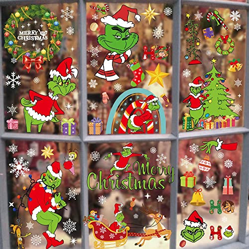 Hanaiette 8 Pcs Grinch Christmas Window Stickers - Xmas Double-Sided Snowflake Decorations - Grinch Party Supplies - Christmas Decorations Christmas Window Stickers Grinch Window Stickers