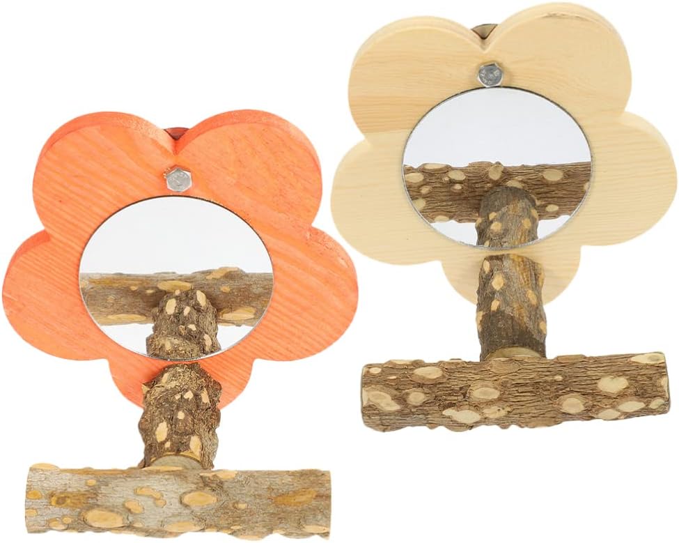 Ipetboom 2pcs Parrot Toy Wooden Perch Mirror Natural Wood Bird Stand for Parrots and Conures Bird Cage Accessories Chewing and Training Rack Decorative Supplies