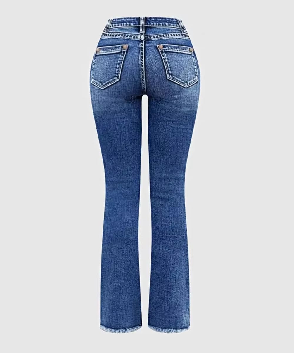 Women's High Waisted Bootcut Jeans Stretchy Flare Button Embellished Western Denim Pants