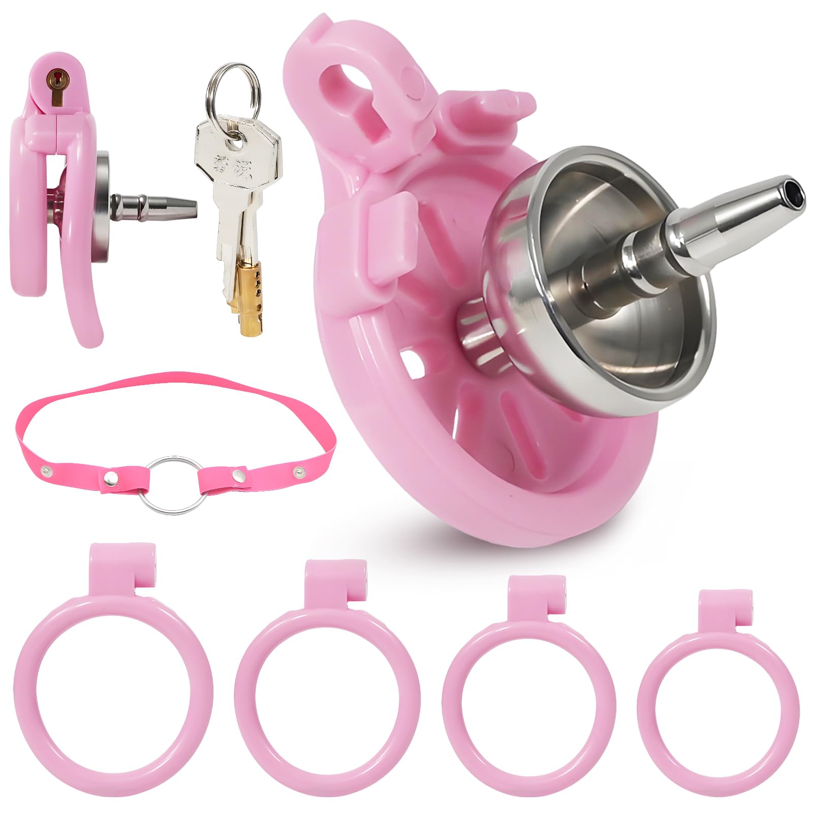 Jouet Adulte Cage Chastetée Plate Cage de Chasteté Inversé avec 4 Anneaux de Tailles Différentes Chastity Cage avec Serrure Dissimulée et Ceinture pour le Bondage du Pénis de l'Homme (M,Pink)