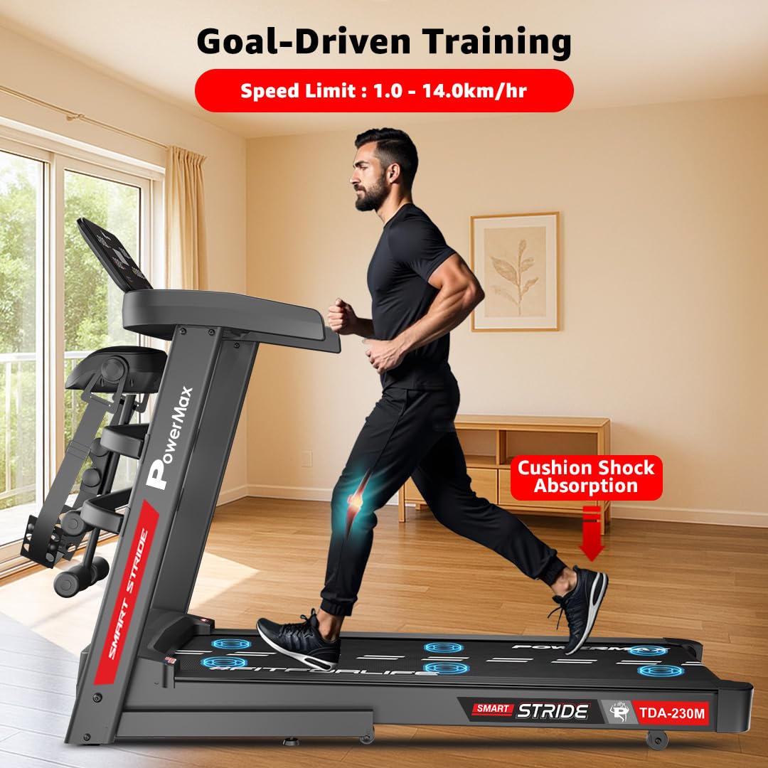 PowerMax Fitness TDA-230M (4HP Peak) Smart Folding Electric Treadmill with Auto Incline, MP3, Speaker, DIY and Virtual Assistance, Exercise Machine for Home Gym and Cardio Training
