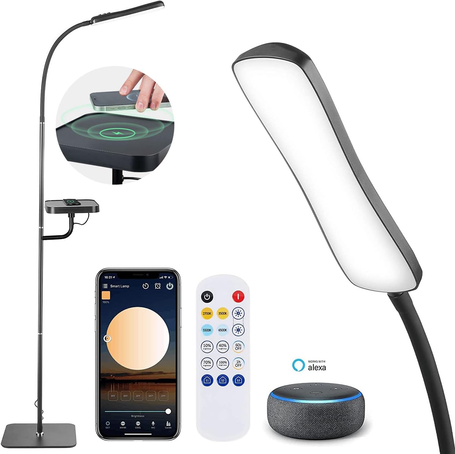 Smart LED Floor Lamp with Wireless Charger, GMK Bright Floor Lamps for Living Room with Alexa Google Home and App Remote Control 10%-100% Brightness 2700-6500K Standing Lamp for Bedroom, Reading Lamp