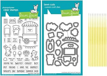 Lawn Fawn Stamp Set Bundle Treat Cart Stamp Set - Photopolymer Clear Stamps with Coordinating Custom Craft Die Cuts - with Trebbies Detail Sticks
