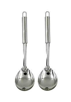Kitchen Tools Stainless Steel (Food Grade) Heavy Gauge Classic Solid Oval Spoon (Serving Spoon) Chamcha for Serving Rice/Pasta/Subzi (Size 27 cm) (2-Piece)