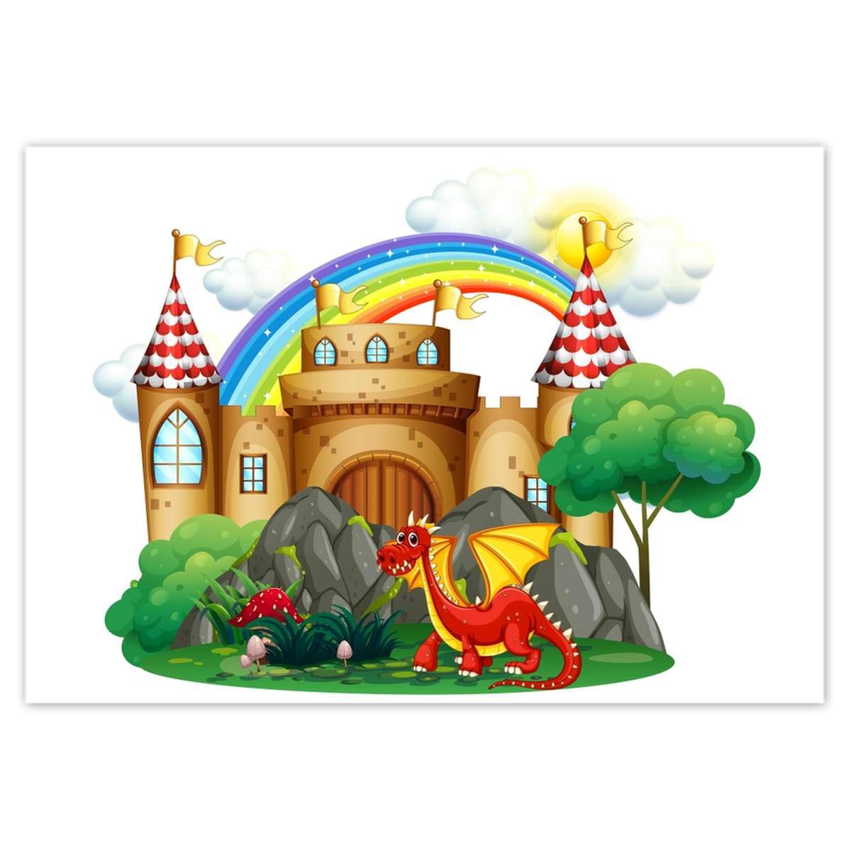Papier peint intissé lavable motif dragon et château 416 x 290 cm pose facile