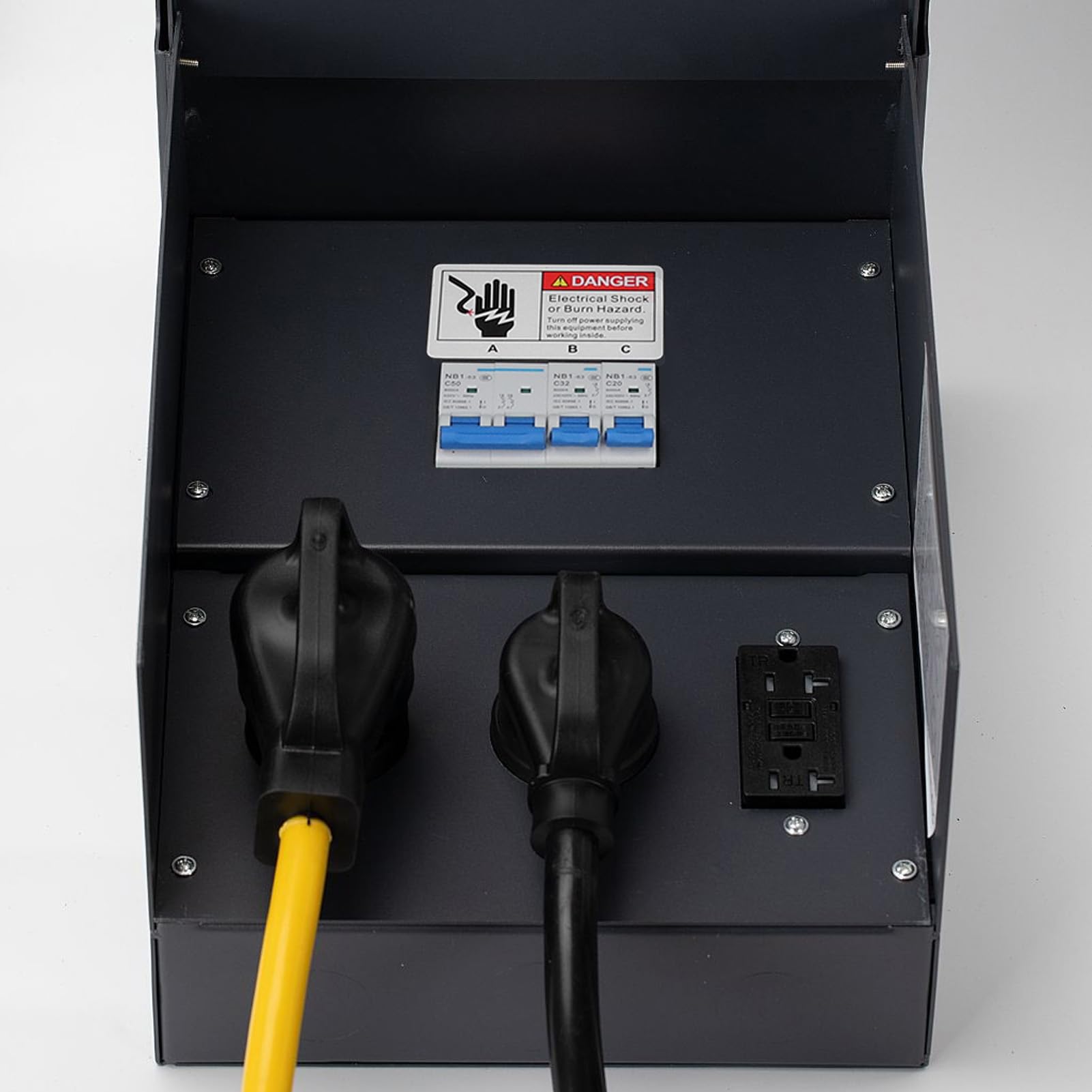 Hidyliu Caja Tomacorriente para Vehículos Recreativos Resistente a la Intemperie con Enchufes de 20A, 30A y 50A para Energía Eléctrica Temporal en Campamentos y Sitios de Construcción