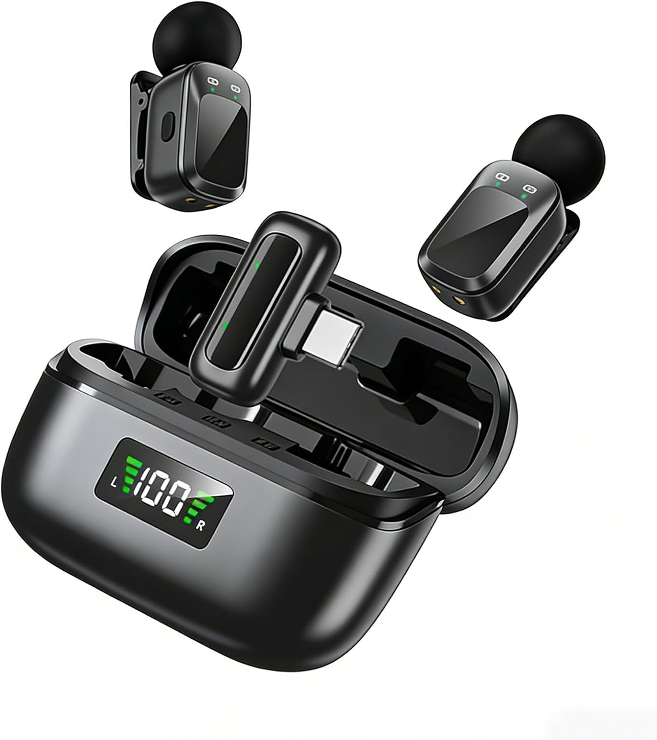 Wireless Clip-on Microphone System - Dual Lavalier Mics for TikTok, Vlog, Live Streaming, Interview, Compatible with Phone/Camera/PC, Auto Pairing, 8H Playtime per Mic