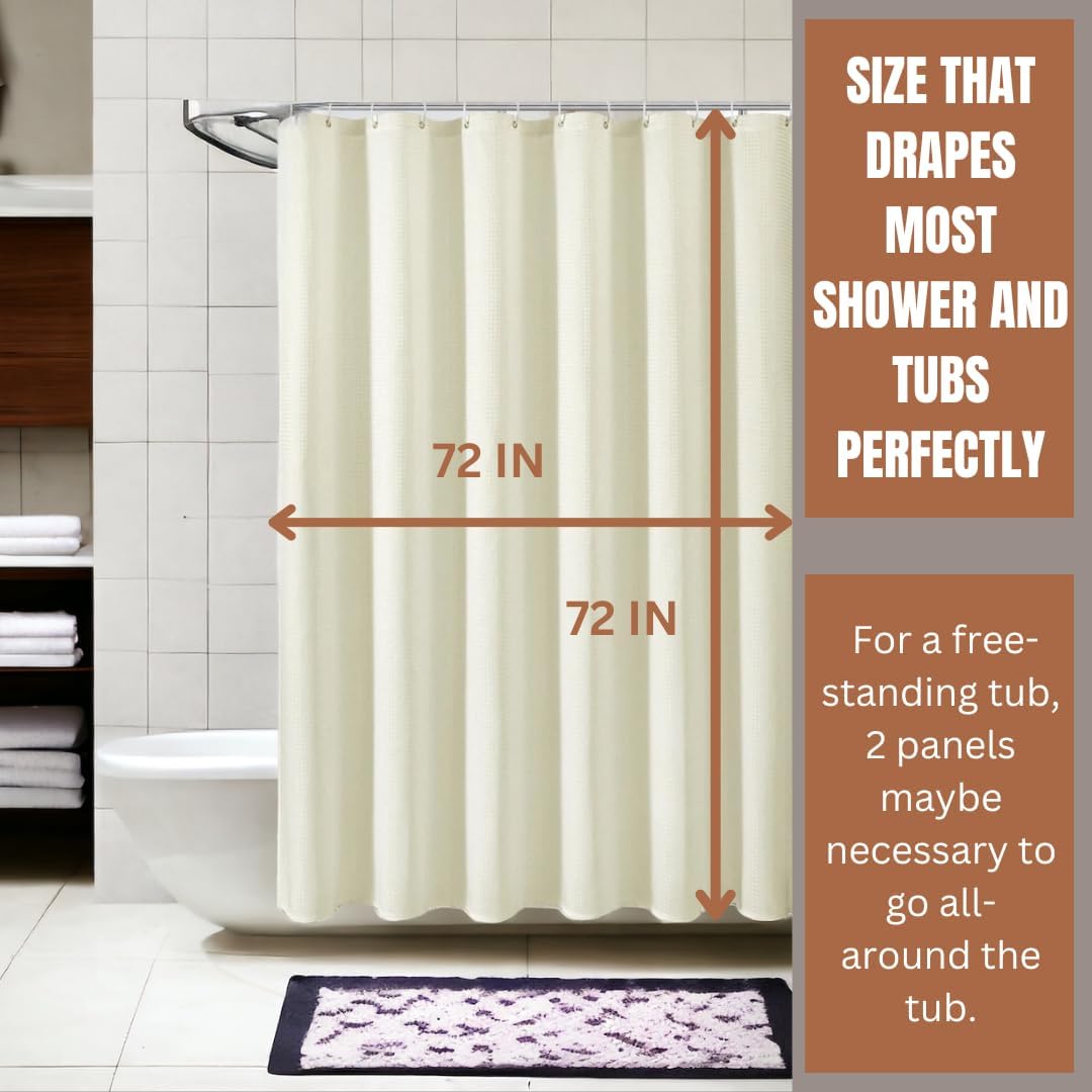 Fabric Shower Curtains - Waffle Shower Curtain - Hotel Quality - Cloth Shower Curtain- with 12 Hooks 72in x 72in