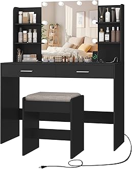usikey Makeup Vanity Desk with Mirror & Lights, Vanity with 2 Drawers & 6 Storage Shelves, Dressing Table with Power Outlet, for Women Girls, Bedroom (Black)