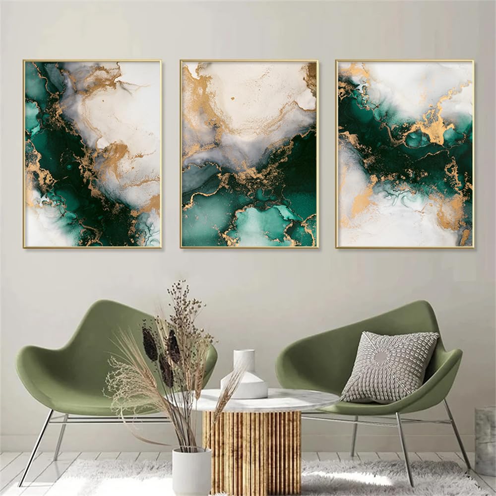 Conjunto de 3-Pósteres Nórdicos Abstractos de Mármol Verde y Dorado para Pared Arte Estético Lienzo Impreso Sala de Estar Cocina Oficina Dormitorio Decoración del Hogar-60 * 80cm (Sin marco)