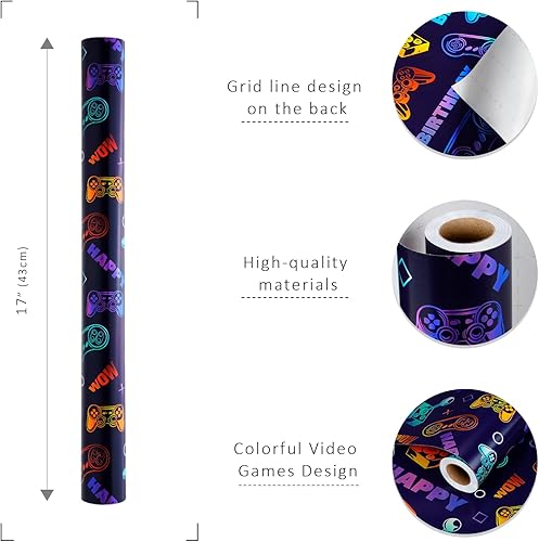 Miniatura 6 de BIOBROWN Papel de regalo para videojuegos, 17 pulgadas x 33 pies, colorido diseño de videojuegos, papel de regalo para cumpleaños, juegos, fiestas,
