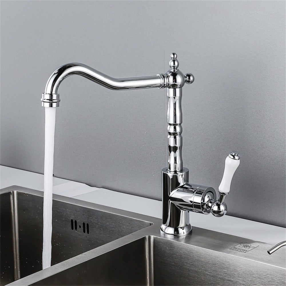 MXXQRHF Brass Kitchen Faucet Ceramic Handle Deck Mount Bathroom Basin Faucet 360 Rotate Mixer Taps Hot Cold Water Faucet Crane,A Chrome