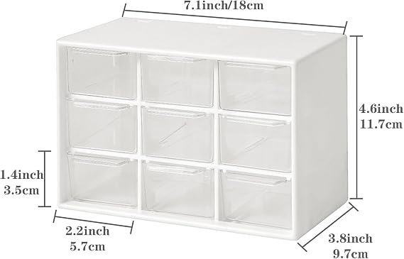 Mini Storage Drawers, Small 9 Drawers Organizer Bins Stackable Clear Plastic Box for Desk Office Bedroom Kitchen Makeup Jewelries Parts Gadgets Square Trays Desktop Stationary (White)