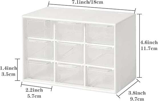 Mini Storage Drawers, Small 9 Drawers Organizer Bins Stackable Clear Plastic Box for Desk Office Bedroom Kitchen Makeup Jewelries Parts Gadgets Square Trays Desktop Stationary (White)