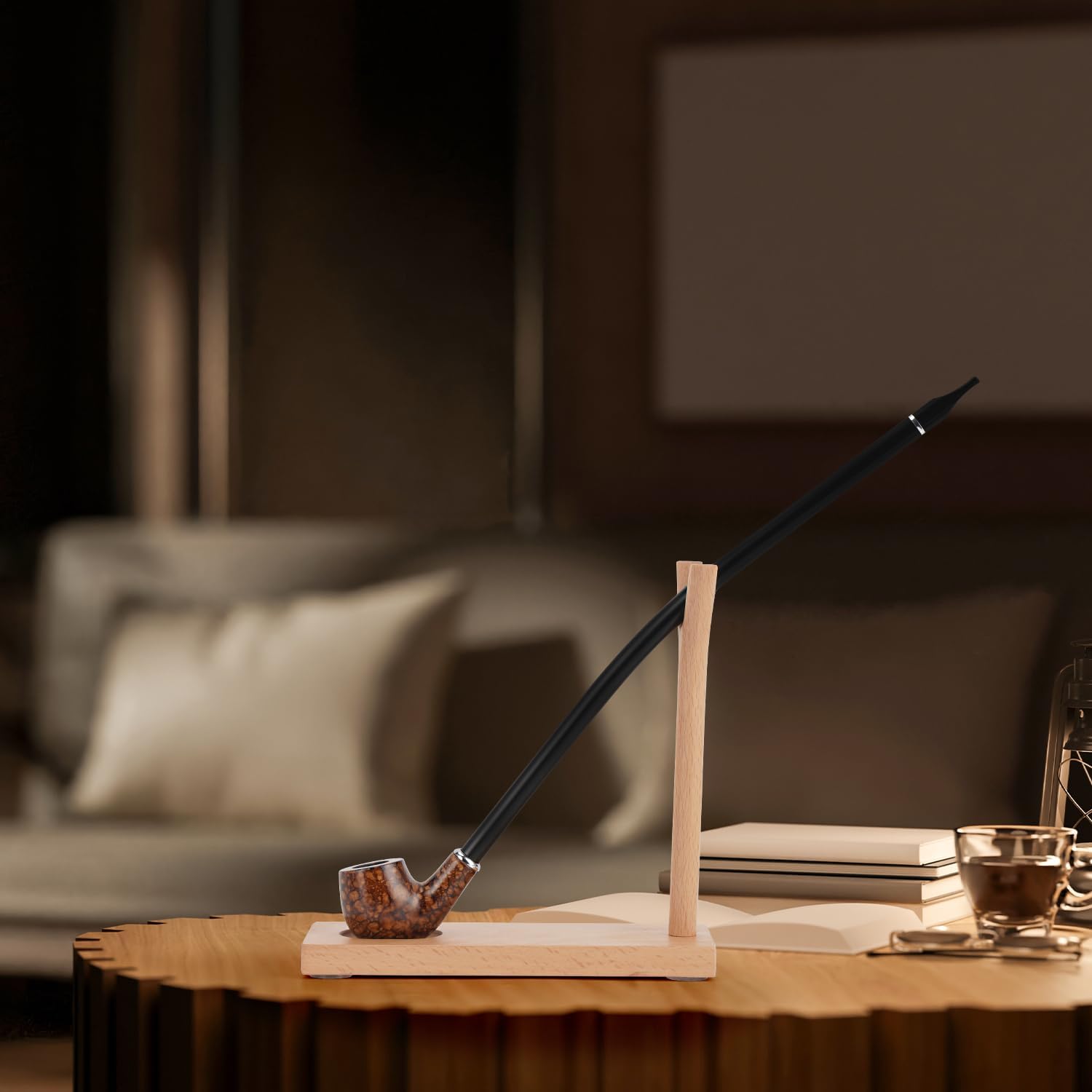 Handcrafted European Beech Wood Pipe Stand Holder for Churchwarden Pipes - Natural Wax Finish with Non-Slip PVC Base, Meaningful Gift for Tobacco Pipe Smokers & Collectors(Tobacco Pipe Not Included)