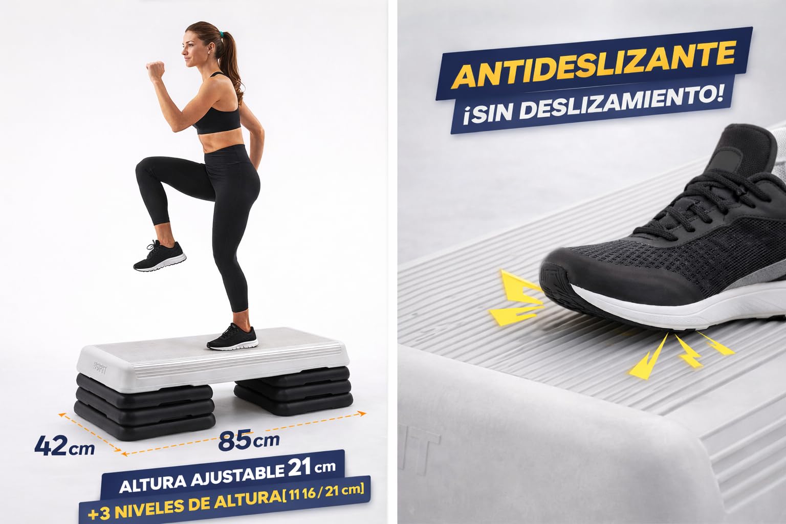Step Aerobic Profesional - Altura Ajustable 11cm/16cm/21cm - Plataforma de Fitness para Casa y Gimnasio - Fabricado en España - Superficie Antideslizante (Step Profesional + 4 Elevadores)