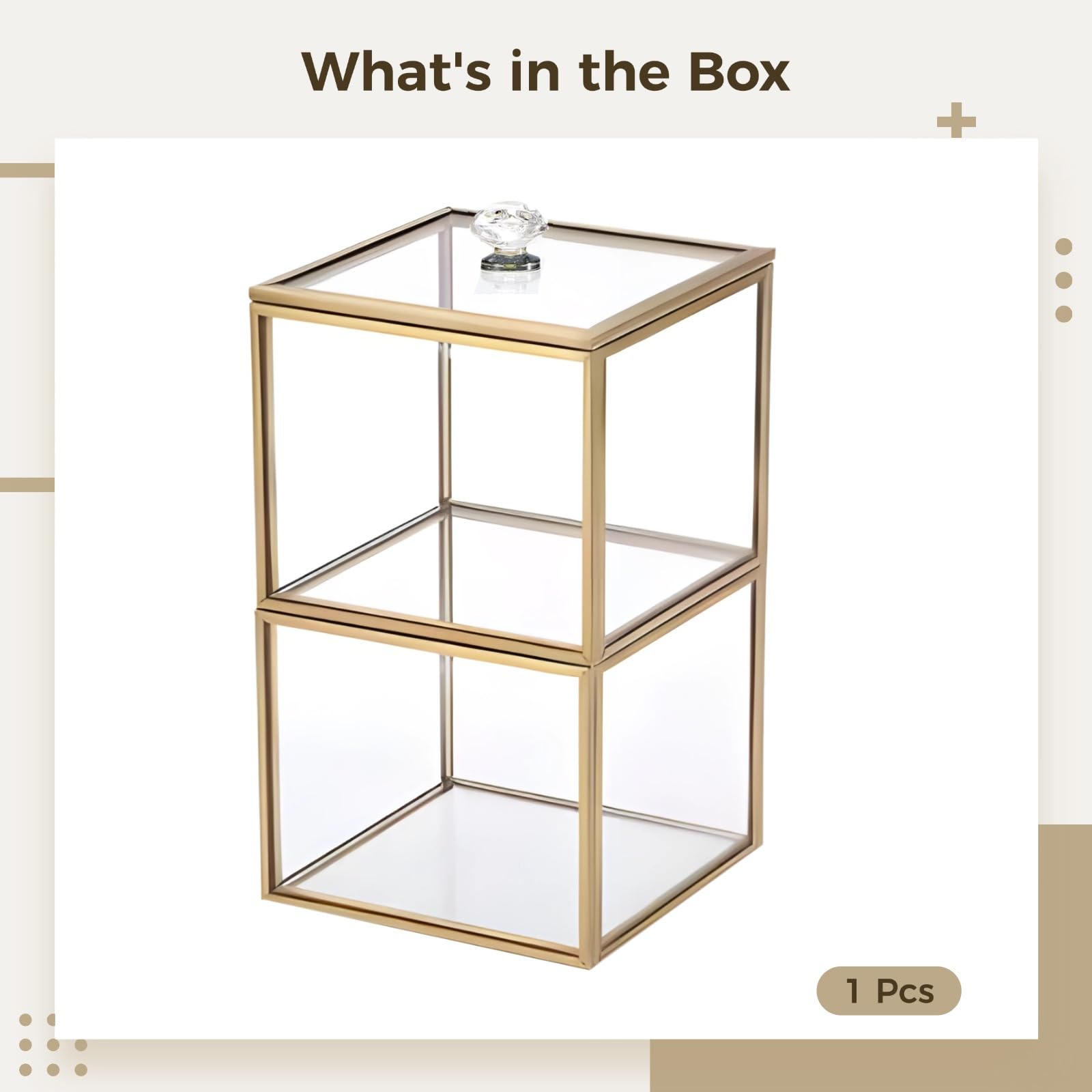 Soporte para brochas de maquillaje con bordes de metal dorado, organizador de cristal transparente para bolas de algodón y Qtips, impermeable y resistente al polvo, 10 x 10 x 16 cm