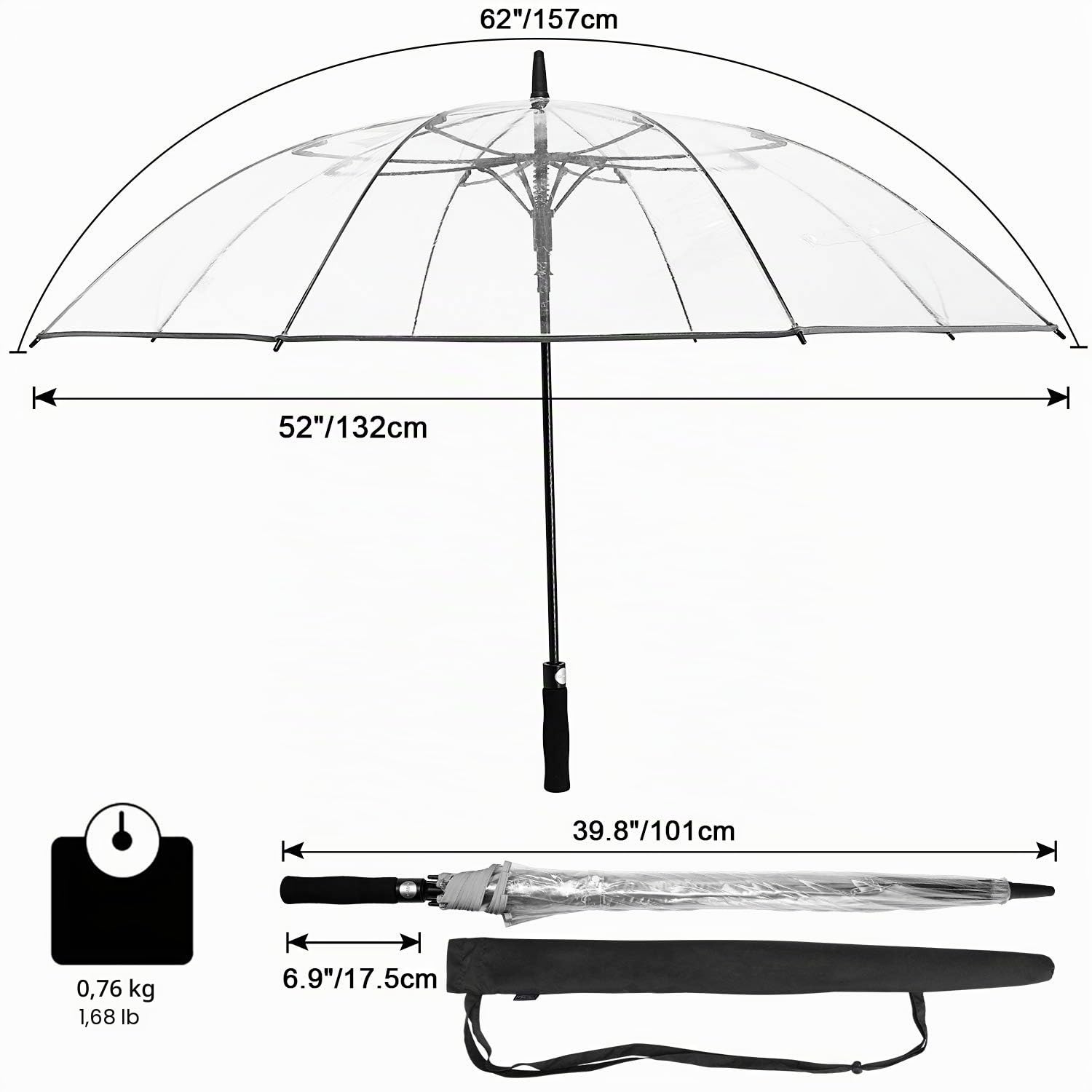 G4Free Parapluie de golf transparent de 157,5 cm avec ouverture automatique, surdimensionné, coupe-vent, imperméable avec manches, pour homme et femme