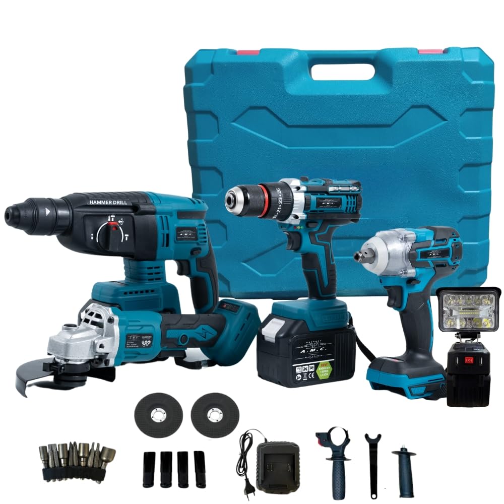 A.M.C. Kit Professionale Fai da Te 5 in 1 con Trapano Avvitatore a Batteria, Trapano a Percussione a Batteria Smerigliatrice Angolare, Trapano a Martello e ad Impulsi Svita Bulloni Luce Led 88v