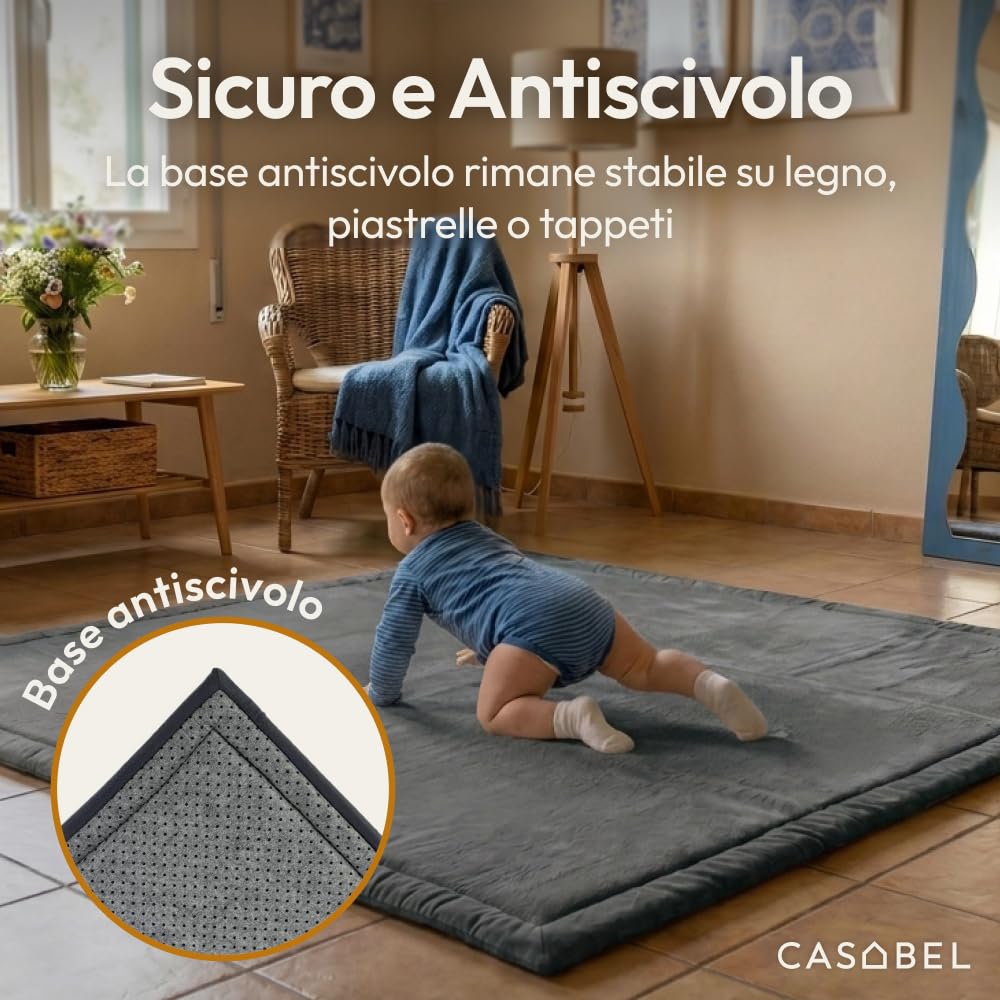 CASABEL Tappeto gioco per bambini, velluto, morbido, 120x120, grigio | Spessore 2,5 cm, schiuma confortevole, base antiscivolo, facile da pulire, ideale per giocare e gattonare, cameretta bébé