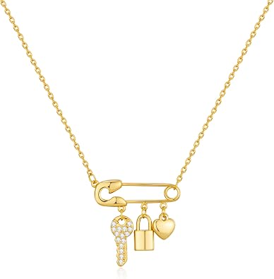 YUJIE 14K Gold Plated Safety Pin Necklace for Women Dainty Lock Key & Heart Charm Pendant Necklace, Trendy Layering Gold Chain Jewelry Gift for Her