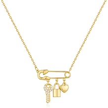 Dainty Charm Necklace for Women 18K Gold Plated Paperclip Pedant with Heart Lock Key Charms Statement Chains Jewelry