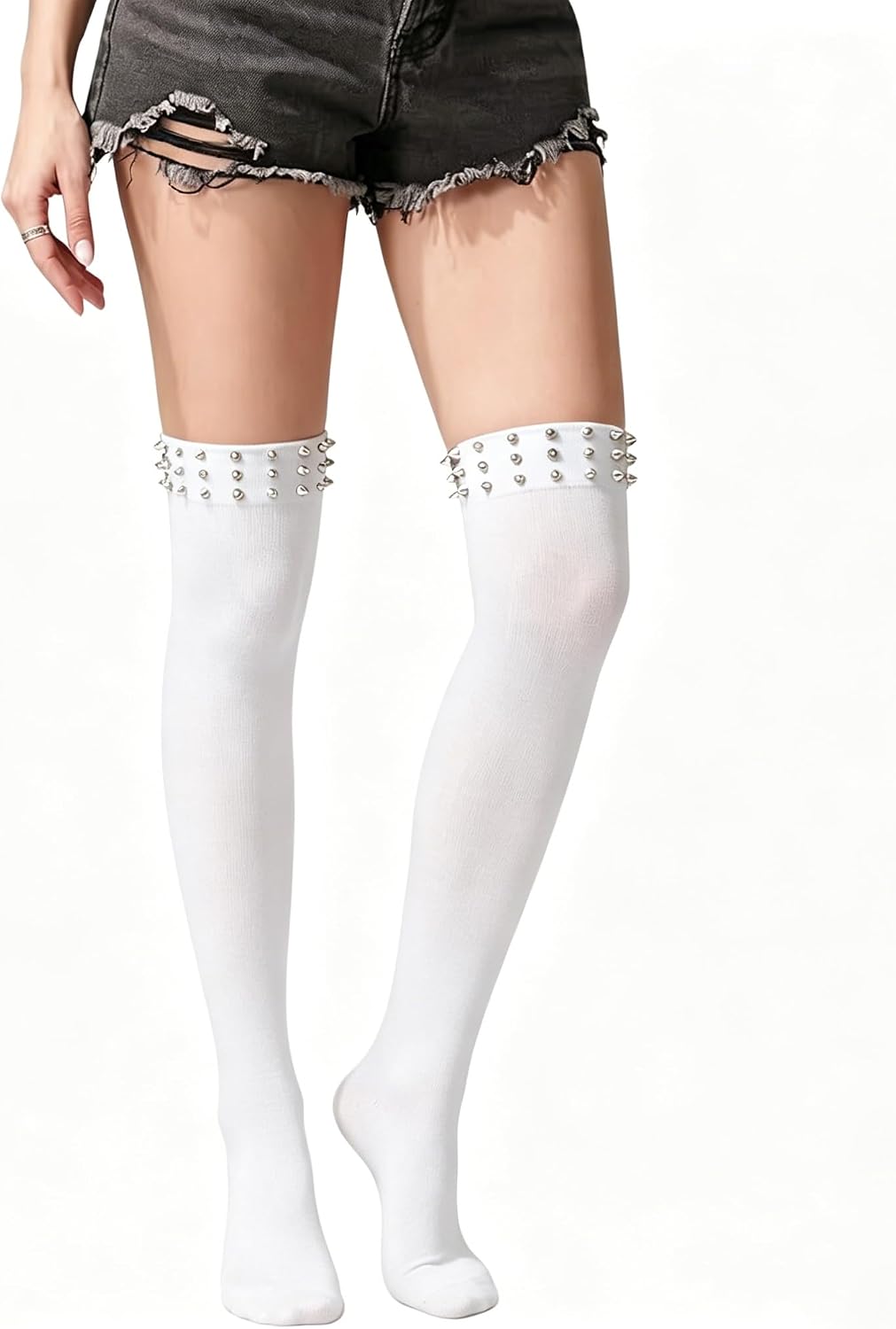 Women Studded Thigh High Socks Over Knee Spike Punk Goth Stockings