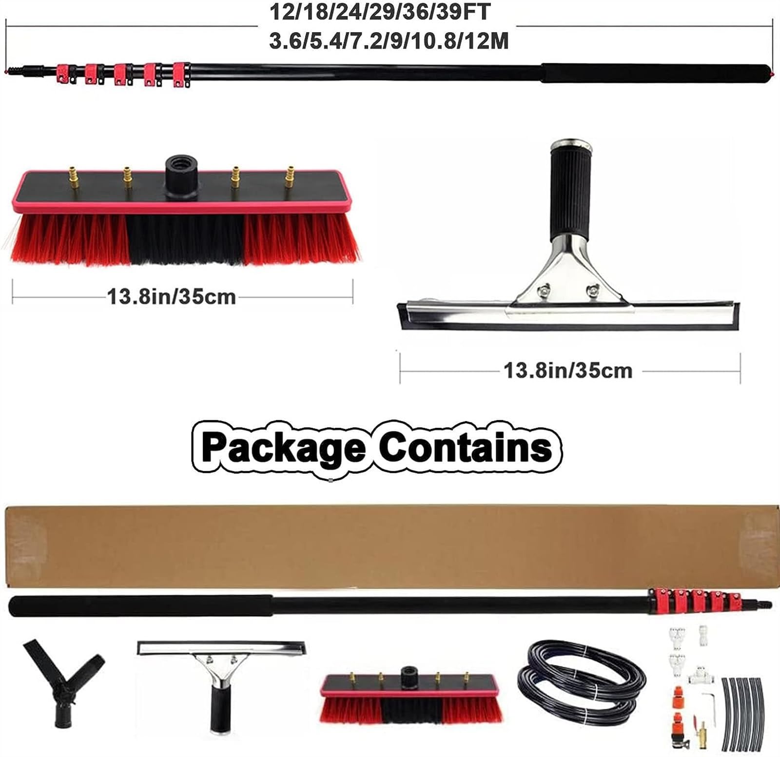 Kit de Limpieza con Cepillo telescópico y Mango Alimentado por Agua, Cepillo para Limpiar Ventanas con rasqueta, Cepillo telescópico para Limpiar Paneles solares y ventan
