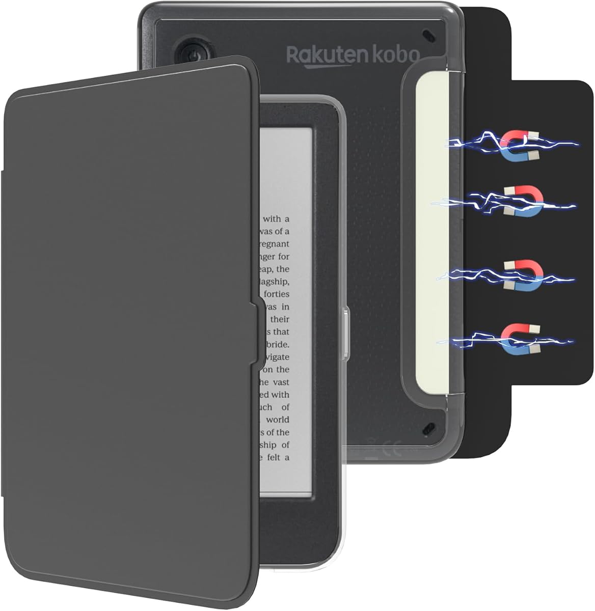 E NET-CASE Detachable Magnetic Case for 6" Kobo Clara Colour (2024) /Clara BW (2024) /2E (2022) eReader, Ultra Clear Back Scratch-Proof Light丨Easy to Detach & Attach丨Auto Sleep/Wake (Black)