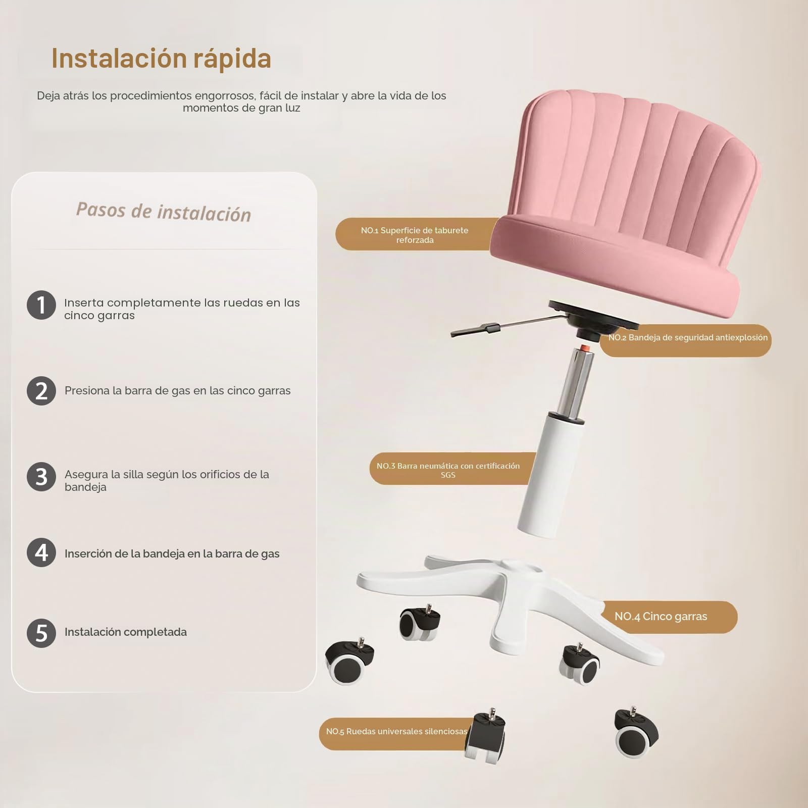 Silla Pequeña Redonda Deslizante para Escritorio Sin Brazos Cómoda Silla de Maquillaje y Computadora con Respaldo Bajo de Cuero PU Ajustable en Altura Giratoria para Trabajo y SPA