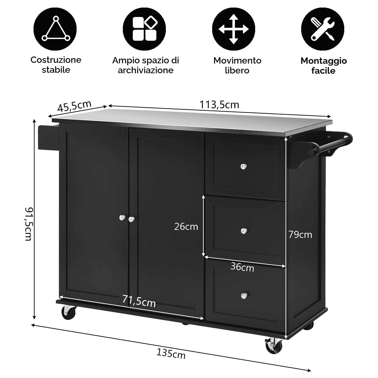 KOMFOTTEU Isola da Cucina Mobile con Piano di Lavoro in Acciaio Inox, Carrello da Cucina con 3 Cassetti & Porta Asciugamani & Ripiano Regolabile, Armadio da Cucina su Ruote, Carrello da Cucina 135 x