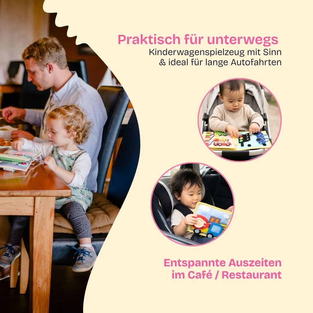 Jolly Designs Mini Quiet Book Dösender Löwe – Montessori Spielzeug ab 1 Jahr – Stoffbuch & Busy Book ohne lose Teile – Lernspielzeug aus Filz – Motorikbuch für Babys & Kleinkinder