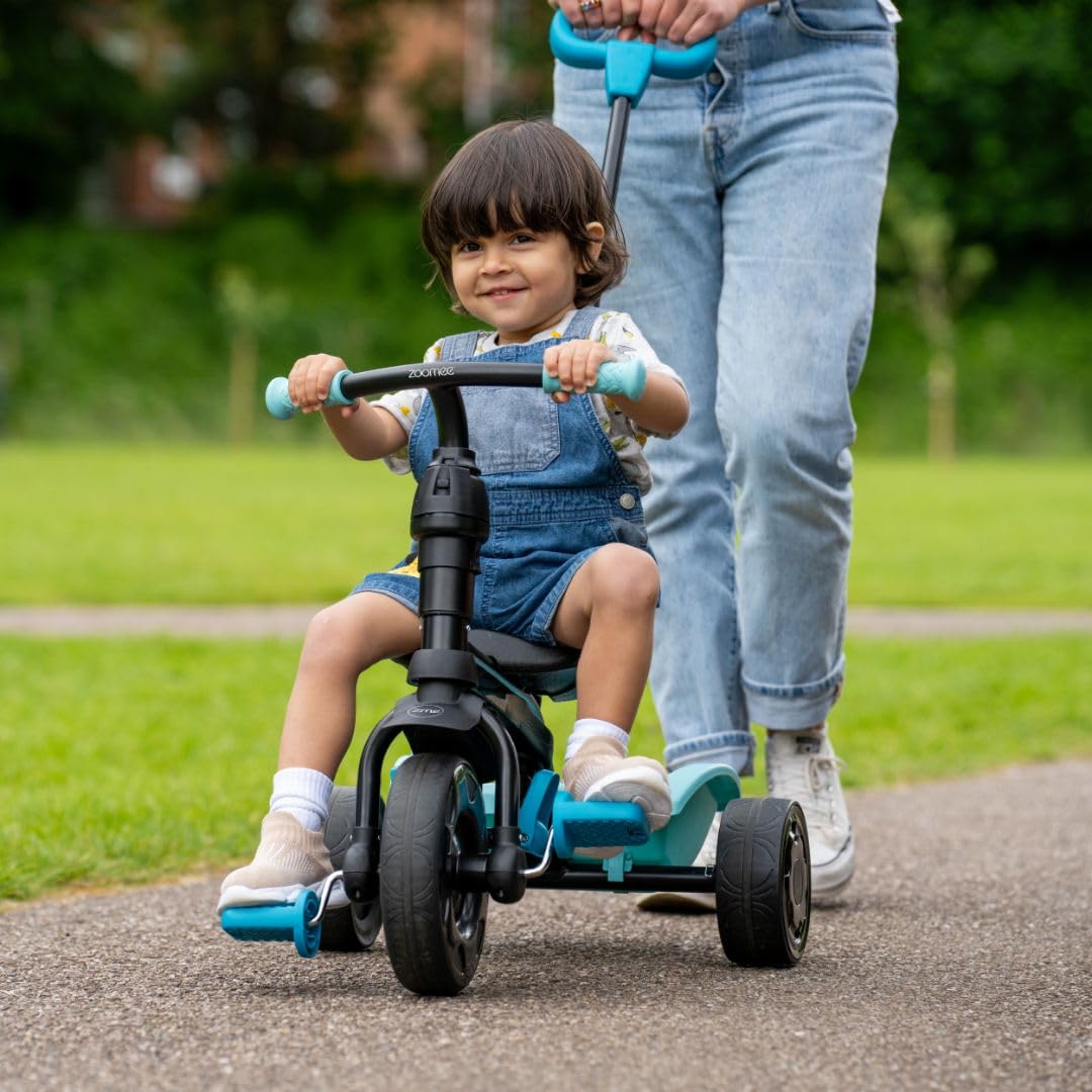 Zoomee 4 in 1 Trike - Dino Discovery, modalità blocco genitori, barra di sicurezza rimovibile, sistema di blocco di sicurezza e ruote resistenti agli urti, parasole UV regolabile, età 10-36 mesi