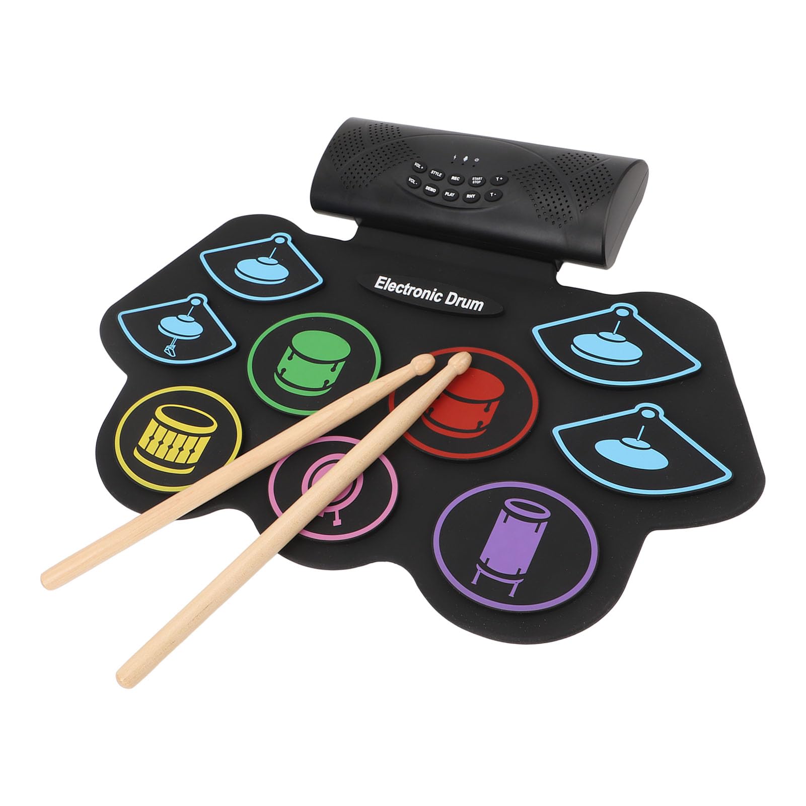 Alomejor Set Pad Per Batteria Elettronica, Tappetino Per Batteria Arrotolabile Ricaricabile Con 7 Toni Di 10 Canzoni Demo Uscita MIDI, Con Bacchetta E Pedale, Per Bambini (Spina europea)
