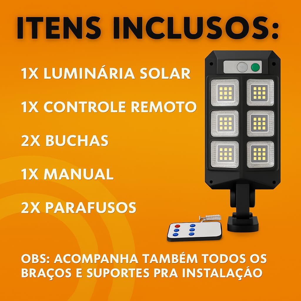 Luminária Solar Refletor Poste Super Potente Premium Led Sensor de Presença 3 Modos de Iluminação Controle Remoto Prova D'agua 8 Janelas