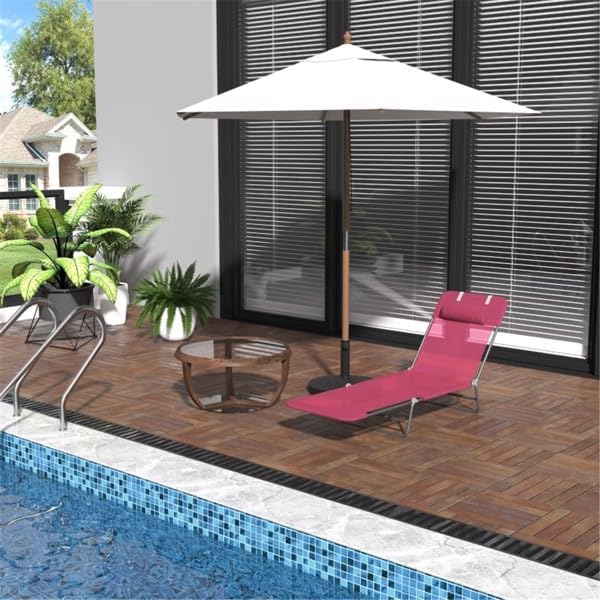 Generic Folding Chaise Lounge Chair, Portable Folding Chaise Lounge Pool Chair with Reclining Back, Breathable Mesh Seat, Headrest, Outdoor Lounge Chair for Beach, Yard, Patio, Pink, Silver