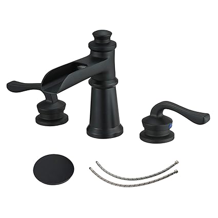 BWE Widespread Bathroom Faucet Matte Black with Drain Assembly and Supply Hose Lead-free Waterfall Black Two-Handle 8-16 inch Bathroom Faucet Lavatory Basin Mixer Tap
