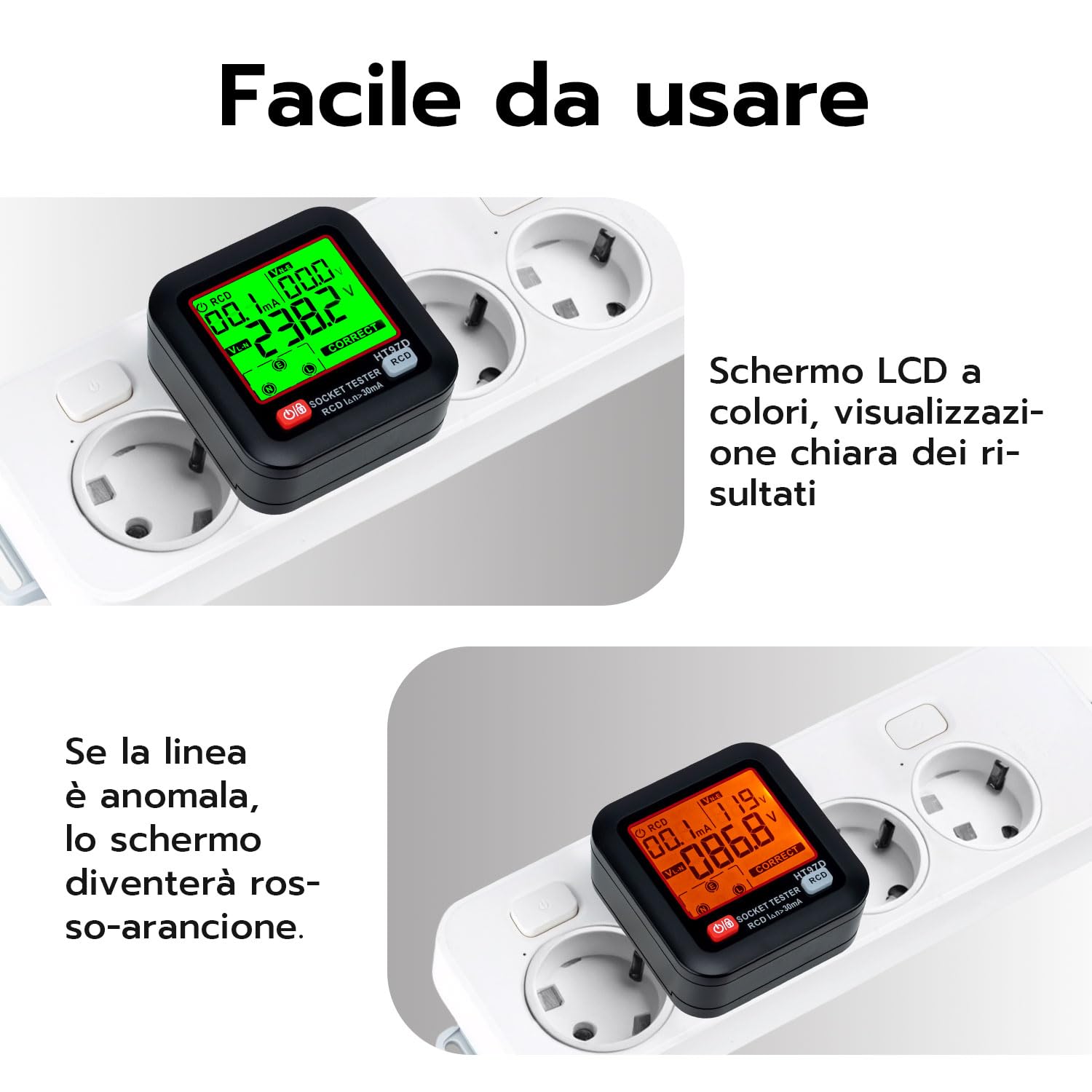 Wigearss Tester de Prese, Tester per Circuiti Elettrici con Test RCD e Display LCD, 6 Tipi di Diagnosi di Errore, Indicatore di Tensione di Dispersione e Corrente, Test FI, 30-260V/45-65Hz