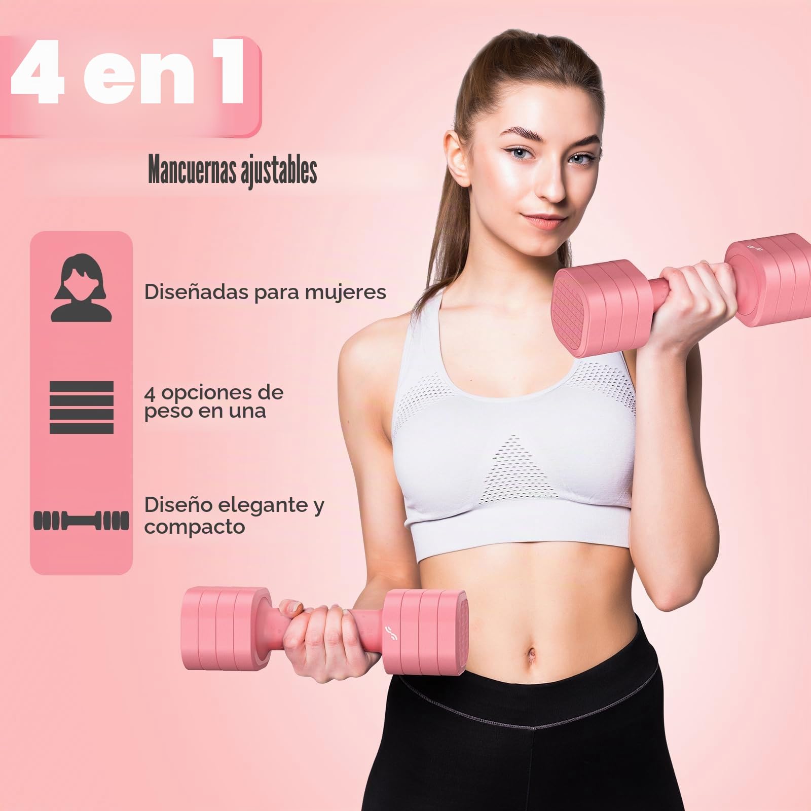 Juego de mancuernas para mujer, Sportneer - Mancuernas ajustables - Juego de 2 mancuernas cortas (0,9–2,3 kg por mancuerna), juego de mancuernas 4 en 1 con mango antideslizante de TPU, juego de