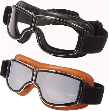 Retro Pilot Motorcycle Goggles Fog-proof Warm Riding Goggles 2 Pack ATV Bike Motocross Glasses Protective Eyewear Black/Transparent,Yellow/Silver2 pack