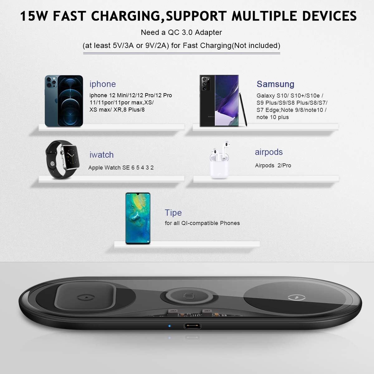 Creative Product Wireless Charger Station,Topume 3 in 1 Wireless Charging Station 15W Max for iPhone 12/11/11 Pro/11 Pro Max/X/XS/XR/Xs Max/8/8 Plus/SE 2/Samsung Phone, AirPods 2/Pro, iWatch-Black Tech Deals 🔥 Wireless Charger Station,Topume 3 in 1 Wireless Charging Station 15W Max for iPhone 12/11/11 Pro/11 Pro Max/X/XS/XR/Xs Max/8/8 Plus/SE 2/Samsung Phone, AirPods 2/Pro, iWatch-Black