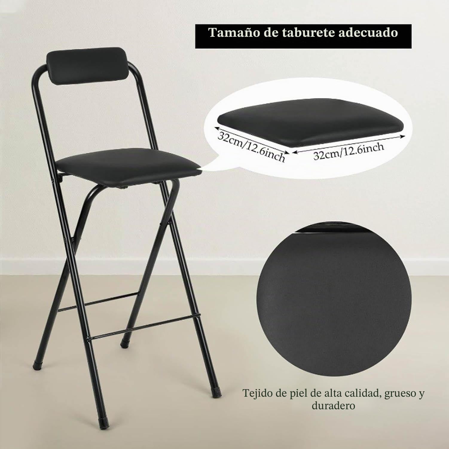 Silla de taburete plegable acolchado asiento 26in, 65cm taburete plegable de barra con respaldo y reposapiés, 65cm negro plegable marco de metal cocina silla alta para cafetería, bistro,Black