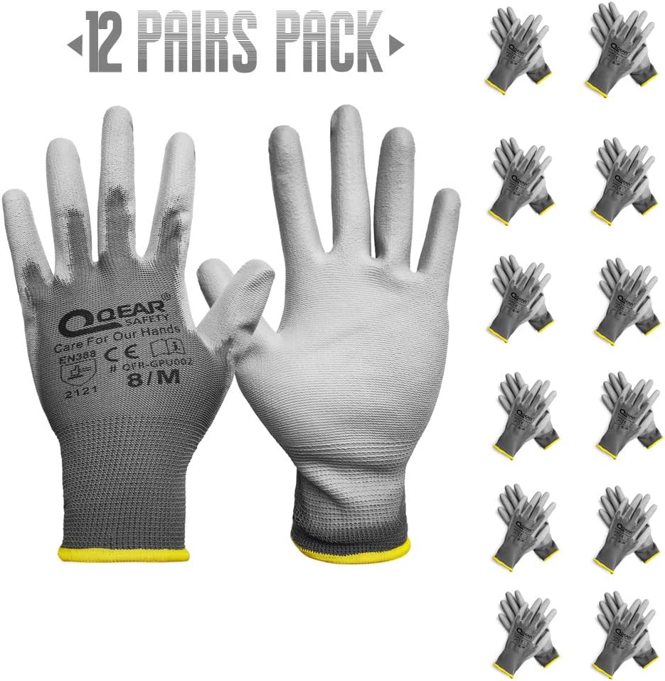 12 Pairs PU Palm Coated Work Safety Gloves, Knitted Liner, Multi-function, Light-weight, Thin, and Breathable